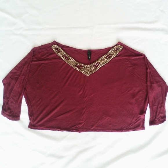 Oversize Burgundy Bead Embellished Scoop Crop Top Boat Neckline Batwing Pretty - Picture 1 of 5